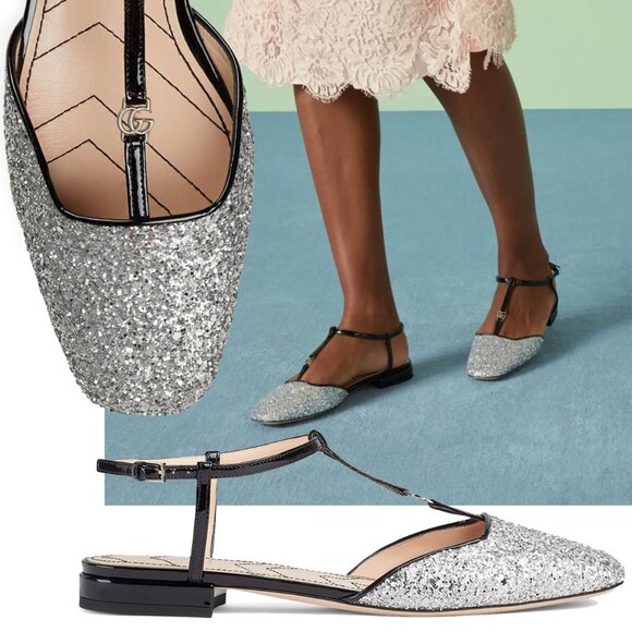 GUCCI SHOES T-STRAP GLITTER LEATHER BALLET FLATS w DOUBLE G LOGO sz 38.5 8.5 - Picture 1 of 14